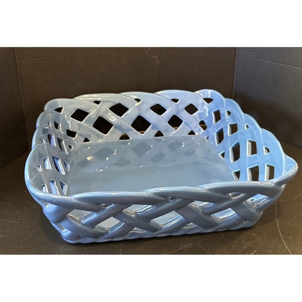 TempTations Blue Ceramic Woven Lattice Bread Basket Square 9.5‎ Inch